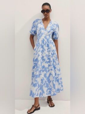 ME+EM Blue and White Cheesecloth Tulip Print Midi Dress
